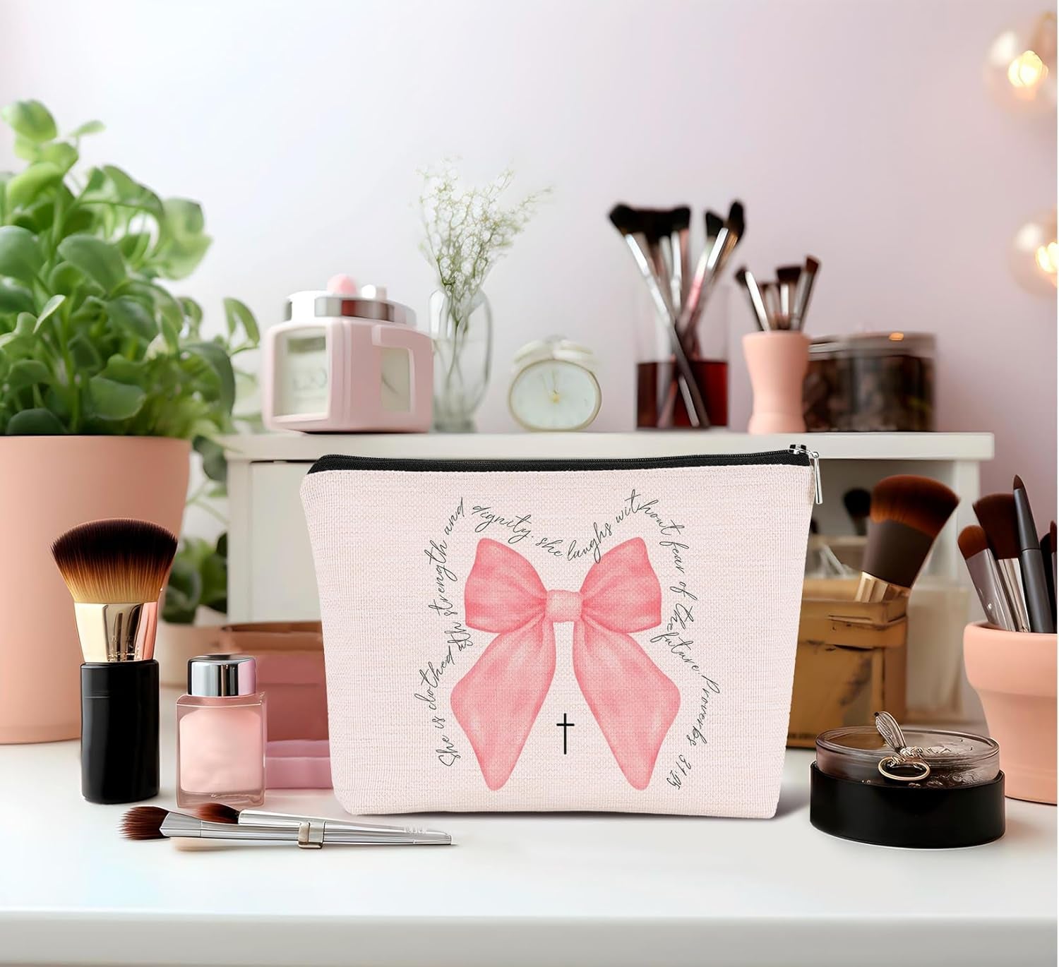 Christian Gifts for Women, Pink Christian Makeup Bag, Pink Coquette Bow Bible Verse Scripture Cosmetic Bags Zipper Pouch for Women, Religious Gifts for Christian Woman, Pink Makeup Pouch